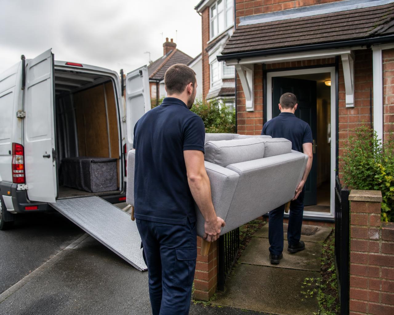 A professional removal team carrying boxes from a van outside a UK home